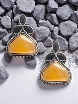 OOMPH - Yellow and Black Monalisa Stone Silver Oxidised Drop Earrings for Women