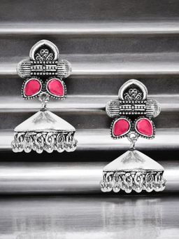 OOMPH - Oxidised Maroon Stones Silver Dholki Jhumka Earrings For Women