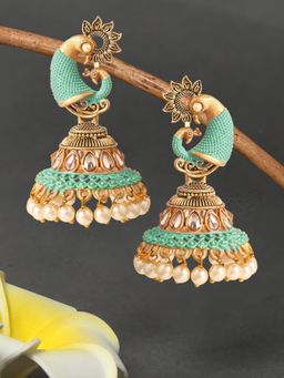 OOMPH - Mint Pink Minakari and Kundan Pearls Peacock Large Ethnic Jhumka Earring