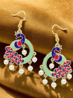 OOMPH - Mint Green and Blue Minakari Ethnic Peacock Design Drop Earrings