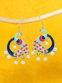 OOMPH - Turquoise Blue and Deep Blue Minakari Ethnic Peacock Design Drop Earrings