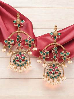 OOMPH - Matte Gold Jadau Ethnic Moti Manik Peacock Design Drop Earrings