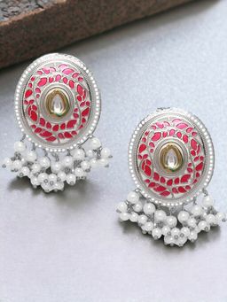 OOMPH - Large Oval Shape Rani Pink and White Minakari and Kundan Drop Earrings