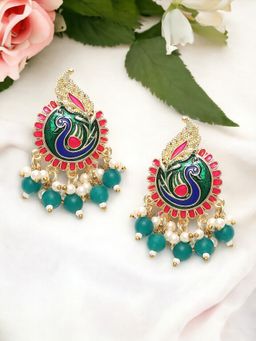 OOMPH - Green and Pink Minakari Peacock Design Drop Earrings For Women