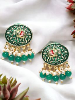 OOMPH - Green and Red Minakari Elephant Design Drop Earrings For Women