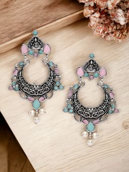 OOMPH - Oxidised Silver Chandbali Laxmi Floral Shape Green and Pink Stones Earrings