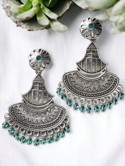 OOMPH - Oxidised Green Beads Silver Ethnic Silver Look Alike Drop Earrings