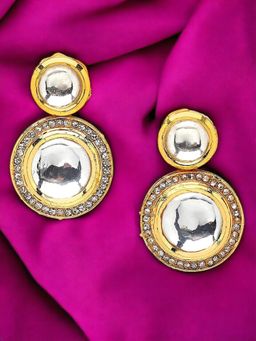 OOMPH - White Stone Gold Tone Jadau Kundan Round Shape Ethnic Drop Earrings For Women