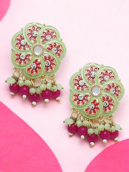 OOMPH - Mint Green and Rani Pink Minakari Pearls Floral Ethnic Drop Earrings
