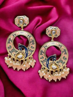 OOMPH - Peach Minakari Peacock Design Large Chandbali for Women