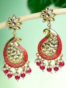 OOMPH - Rani Pink and White Minakari Ethnic Drop Earrings