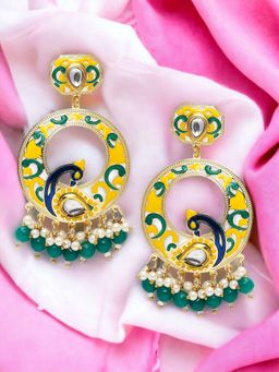 OOMPH - Yellow Minakari Large Chandbali - Peacock Design for Women