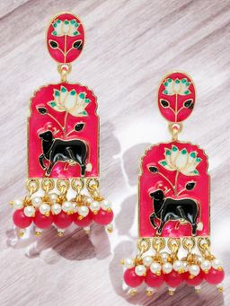 OOMPH - Rani Pink and White Minakari Ethnic Drop Earrings