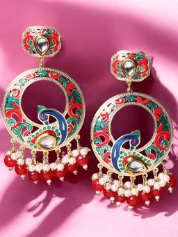 OOMPH - Red Minakari Peacock Design Large Chandbali for Women