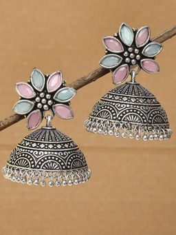 OOMPH - Oxidised Silver Look Alike Green and Pink Stone Ethnic Large Jhumka Earrings