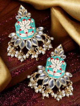 OOMPH - Green Minakari Enamel with Kundan and White Pearls Drop Earrings