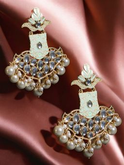 OOMPH - Green and Gold Minakari Enamel with Kundan and Pearls Geometric Drop Earrings