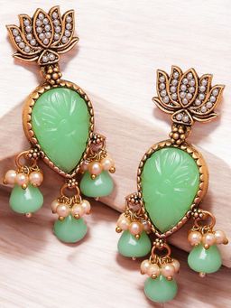 OOMPH - Antique Gold Tone Mint Green Stones with Beads Lotus Design Ethnic Drop Earrings