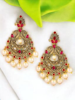 OOMPH - Red Kemp Stone and Pearls Peacock Design Large Chandbali Earrings
