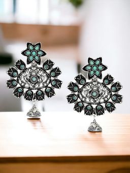 OOMPH - Oxidised Silver Tone Mint Green Stones and Pearls Floral Drop Earrings