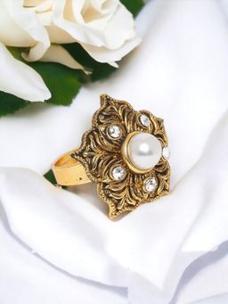 OOMPH - Antique Gold Stones and Pearls Floral Ethnic Ring