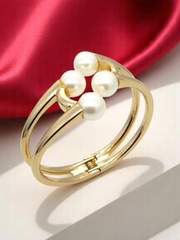 OOMPH - Gold Tone Pearl Studded Hand Cuff Bracelet Party Wear For Women