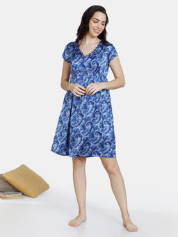 Zivame - Artsy Leaves Woven Knee Length Nightdress - Medieval Blue