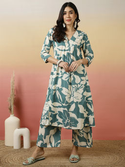 ANAISA - Women Cotton Blue Printed Kurta with Palazzo (Set of 2)