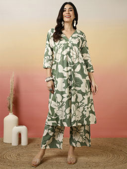 ANAISA - Women Cotton Green Printed Kurta with Palazzo (Set of 2)
