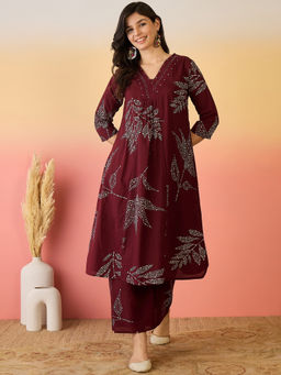 ANAISA - Women Pure Cotton Maroon Abstract Printed A-line Kurta with Palazzo (Set of 2)