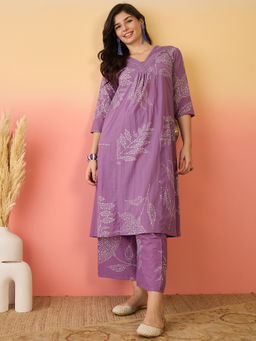 ANAISA - Women Pure Cotton Purple Abstract Printed A-line Kurta with Palazzo (Set of 2)