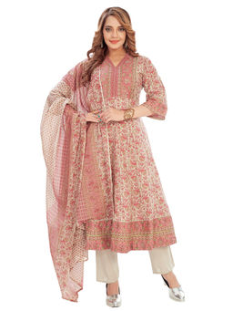 Amchoor - Women Pink Cotton Floral Print Anarkali Kurta with Pant & Dupatta (Set of 3)