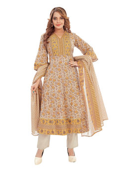 Amchoor - Women Yellow Cotton Floral Print Anarkali Kurta with Pant & Dupatta (Set of 3)