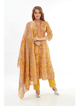 Amchoor - Women Mustard Cotton Floral Print Anarkali Kurta with Pant & Dupatta (Set of 3)