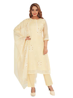 Amchoor - Women Yellow Kota Embroidered Print Kurta with Pant & Dupatta (Set of 3)