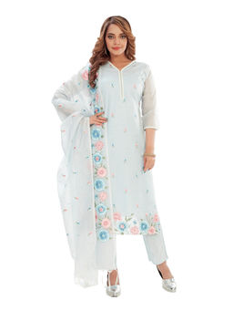 Amchoor - Women Aqua Kota Embroidered Print Kurta with Pant & Dupatta (Set of 3)
