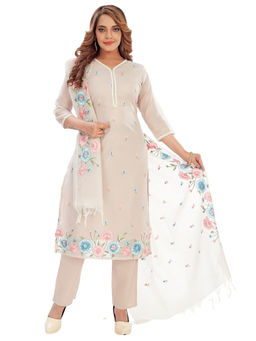 Amchoor - Women Mauve Kota Embroidered Print Kurta with Pant & Dupatta (Set of 3)