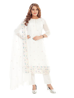 Amchoor - Women Off white Kota Embroidered Print Kurta with Pant & Dupatta (Set of 3)