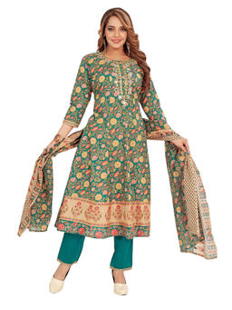 Amchoor - Women Green Cotton Floral Print Anarkali Kurta with Pant & Dupatta (Set of 3)