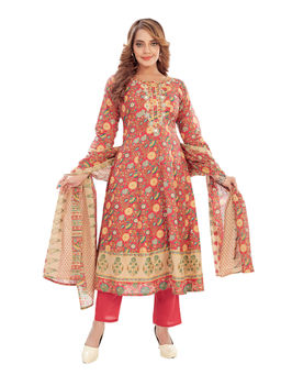 Amchoor - Women Maroon Cotton Floral Print Anarkali Kurta with Pant & Dupatta (Set of 3)
