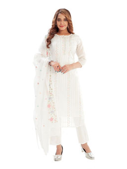 Amchoor - Women Off white Kota Embroidered Print Kurta with Pant & Dupatta (Set of 3)