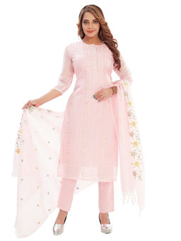 Amchoor - Women Pink Kota Embroidered Print Kurta with Pant & Dupatta (Set of 3)