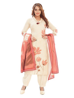 Amchoor - Women Beige Cotton Floral Print Kurta with Salwar & Dupatta (Set of 3)
