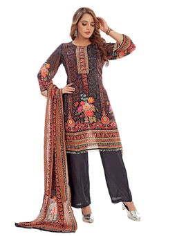 Amchoor - Women Black Chinon Floral Print Kurta with Pant & Dupatta (Set of 3)