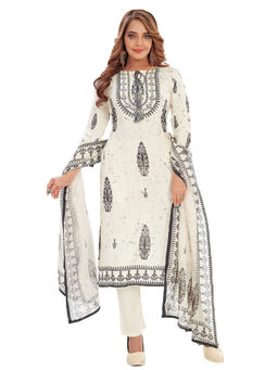 Amchoor - Women Cream Rayon Embroidered Print Kurta with Pant & Dupatta (Set of 3)