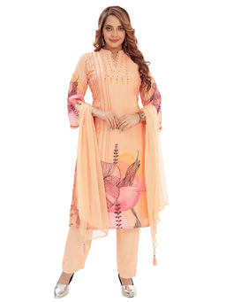 Amchoor - Women Peach Cotton Floral Print Kurta with Pant & Dupatta (Set of 3)