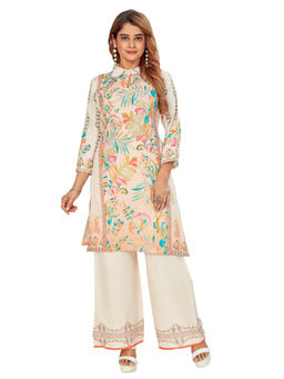 Amchoor - Women Cream Linen Floral Print Kurta with Palazzo & Dupatta (Set of 2)