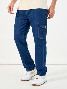 Styli - Men Solid Blue Wash Cargo Pocket Straight Fit Jeans