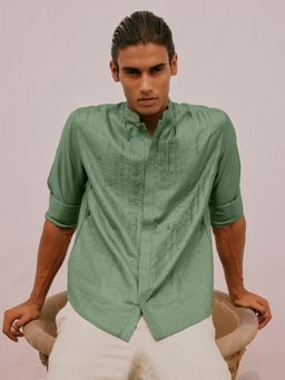 Andamen - Regular Fit Men Green Pleats Tucks Viscose Shirt