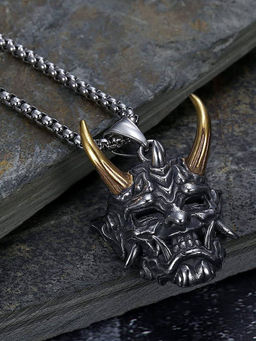 OOMPH - Silver Stainless Steel Devil Demon Horn Skull Design Necklace